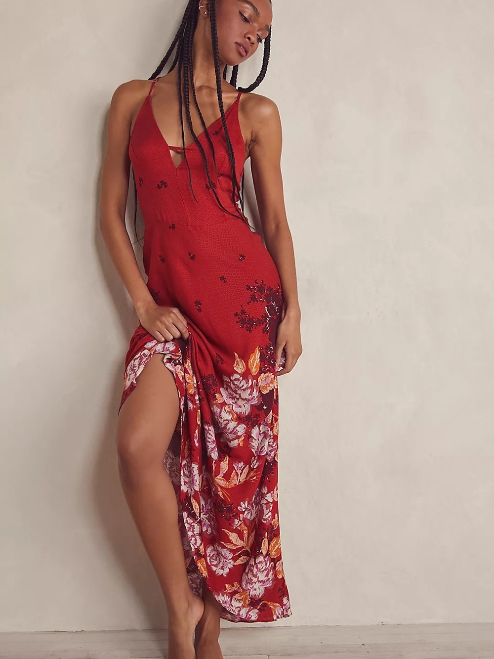 Free People Flowy Floral Red Maxi Slip Dress